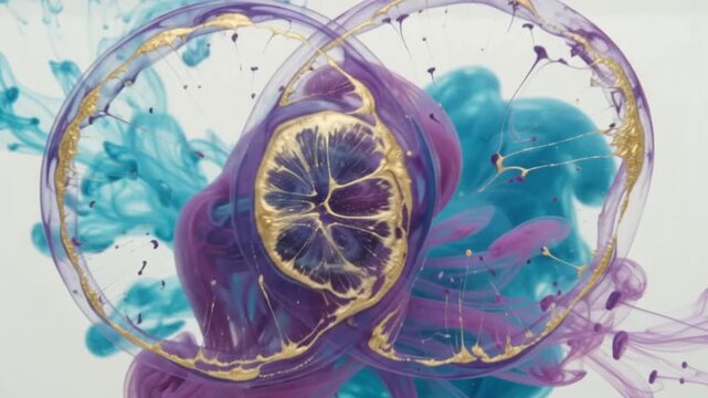 abstract colorful ink in water dissolving into fluid flower shape with gold accents background