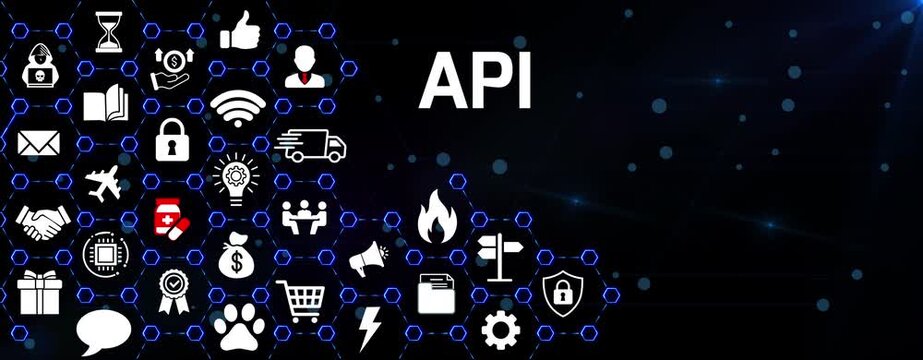 API concept featuring connected software symbols, interface graphics, glowing particles, and futuristic digital network elements on a dark space backdrop