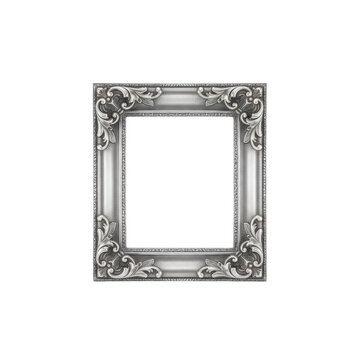 A single, large, rectangular sterling silver ornate picture frame with classical acanthus leaf carvings and scrolls, on a minimalist white studio background, exuding luxurious elegance