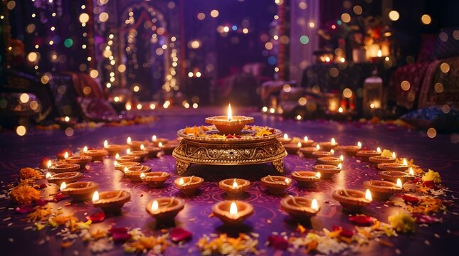 Traditional diwali diya lamps arranged in a circular pattern around a decorative centerpiece on a purple floor with flower petals