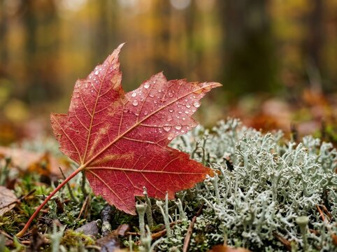 Red maple leaf with droplets on lichen in forest setting during autumn
