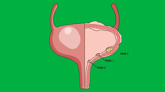 Medical vector animation displaying a cross-section of the urinary bladder showing progressive tumor invasion from Stage 0 to Stage 4, highlighting transitional cell carcinoma, renal cell carcinoma