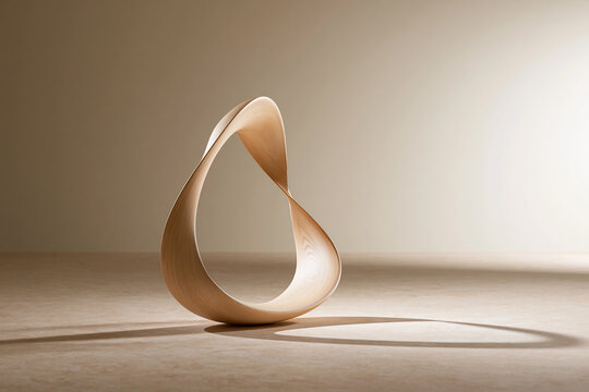 Elegant Modern Abstract Wooden Mobius Loop Sculpture on Neutral Studio Background
