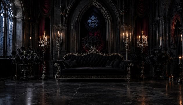 Dark gothic interior with ornate black sofa and candlelight