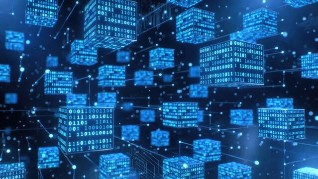 Digital data blocks float in a virtual space representing information exchange in technology and connectivity