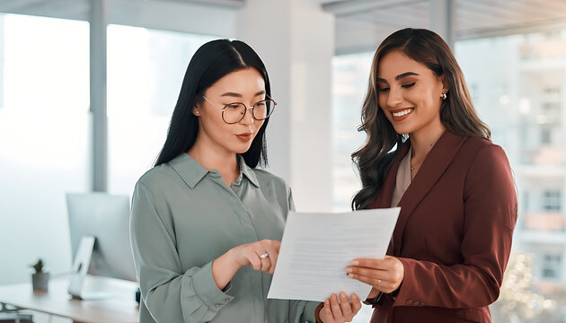 Asian and Middle Eastern Businesswomen Reviewing Document in Office