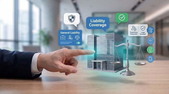 A businessman pointing at a model building with insurance and legal icons on a desk