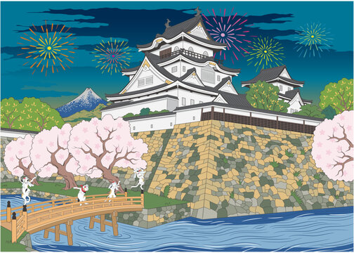 浮世絵　城　富士山の風景イメージイラスト　Mount Fuji　2