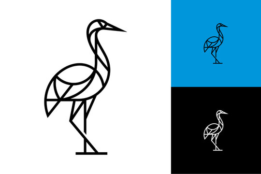 Minimalist geometric heron logo design with linear crane silhouette for modern branding identity on various backgrounds
