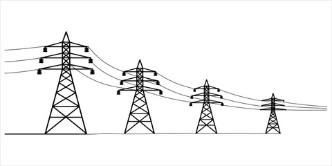 Obraz premium Black and white line drawing of four electric power transmission towers of different sizes connected by wires on a simple minimal design style