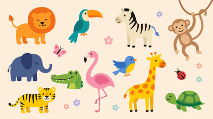 Fototapeta premium Cute colorful cartoon wild animals collection with lion zebra giraffe monkey elephant flamingo toucan turtle and more on beige background