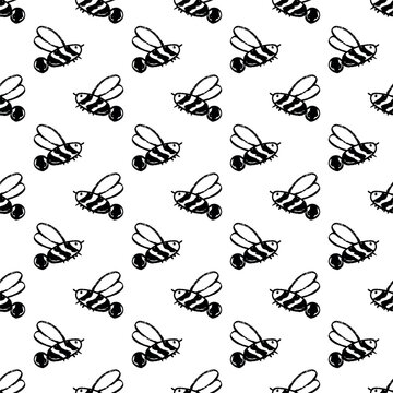 Seamless pattern with hand drawn happy funny cute honey bee Adorable flying striped insect friendly kawaii bumble bee For kids print, wrapping paper, packaging, fabric
