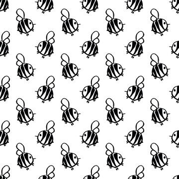 Seamless pattern with hand drawn happy funny cute honey bee Adorable flying striped insect friendly kawaii bumble bee For kids print, wrapping paper, packaging, fabric