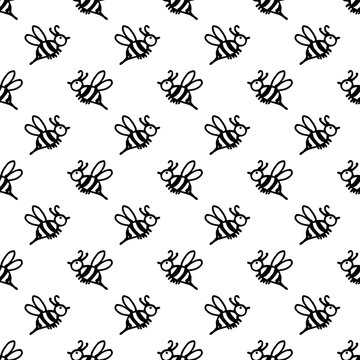 Seamless pattern with hand drawn happy funny cute honey bee Adorable flying striped insect friendly kawaii bumble bee For kids print, wrapping paper, packaging, fabric
