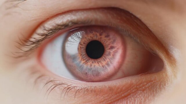 Extreme macro photorealistic footage of a single beautiful human eye, soft rose-pink iris reflecting Spanish tradition