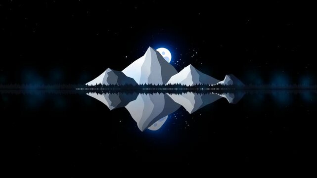 Minimalist vector illustration of snowy mountains reflecting in a dark night lake under a bright full moon with stars in a quiet and peaceful winter nature landscape 4k Motion Video