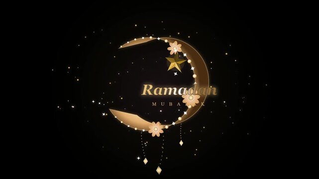 Golden crescent moon with glowing flowers and stars for ramadan mubarak greeting card design 4k Motion Video