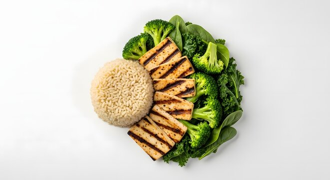 Grilled Tofu with Brown Rice and Steamed Broccoli and Kale Salad