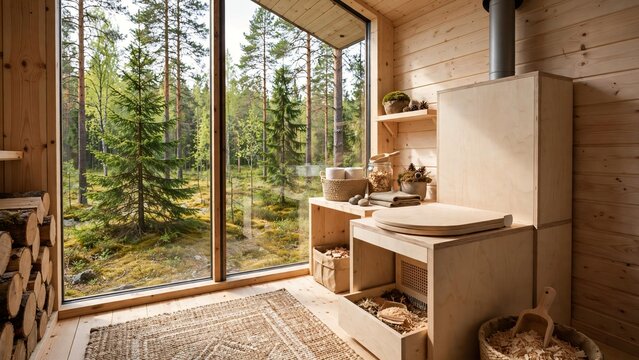 Eco-friendly wooden composting toilet with sawdust inside an off-grid timber cabin featuring a large window overlooking a lush pine forest
