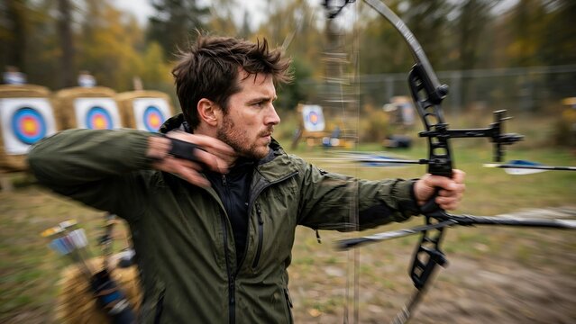 Focused Caucasian man shooting a modern compound bow at an outdoor archery range with target boards in the blurred background