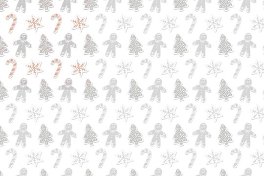 Monochromatic christmas seamless pattern with gingerbread men snowflakes and candy canes