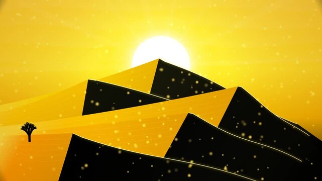 Beautiful desert sand dunes landscape with a bright yellow sun rising in the sky at dawn with a small lonely tree in the distance flat vector illustration design 4k Motion Video