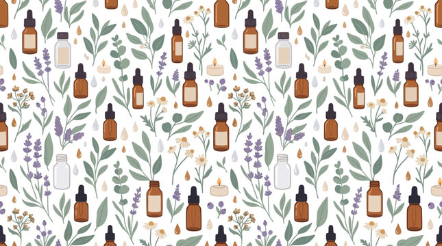 Aromatherapy Essential Oil Pattern: Herbs, Flowers, Bottles, Candles