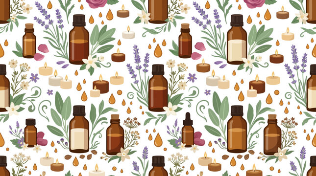 Aromatherapy pattern with essential oil bottles, lavender, candles, and herbs