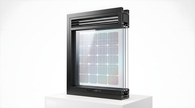 Modern solar window panel cross-section reveals integrated photovoltaic cells. A sustainable building technology concept for efficient renewable energy generation and contemporary architecture