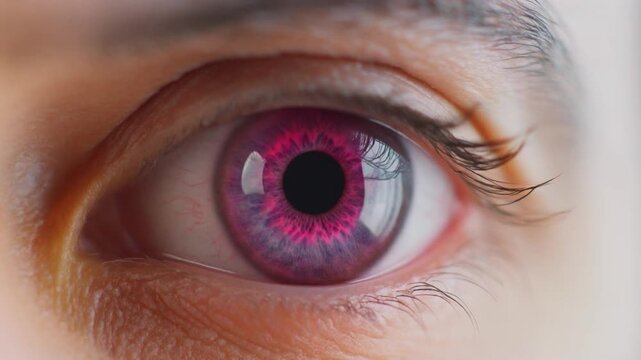 Extreme macro photorealistic footage of a single human eye, elegant magenta iris with subtle torero styling