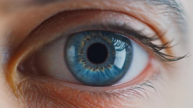 Extreme macro photorealistic footage of a single beautiful human eye, deep sapphire-blue iris inspired by matador culture