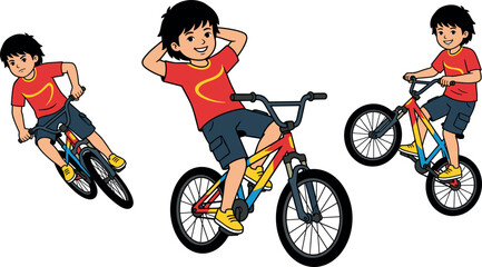 Fototapeta premium Cartoon Boy Character Riding Bicycle Vector Set Performing Stunts Wheelie and Cycling Trick Poses for Kids Sports and Active Lifestyle Designs