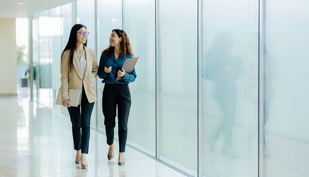 Asian and Middle Eastern Businesswomen Walking in Office Corridor