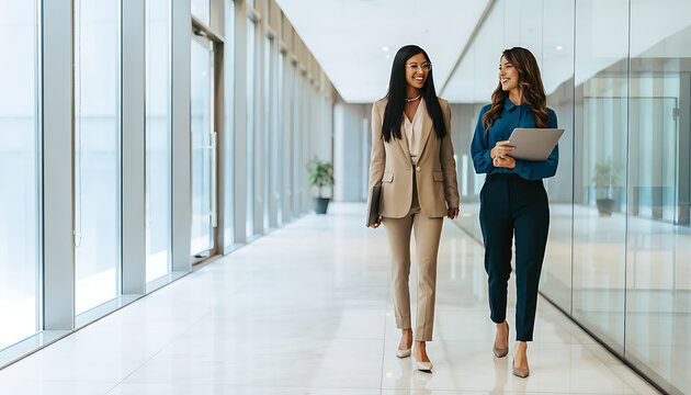 Asian and Middle Eastern Businesswomen Walking in Office Corridor