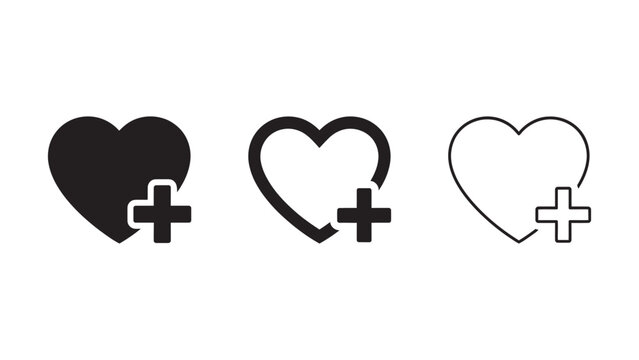 Health care and medical cross symbol icon. Add new favorite heart icon illustration in solid, bold and thin outline styles.