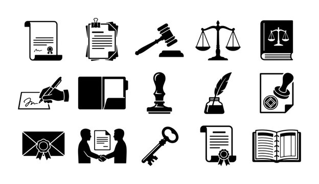 Law and justice icon set, 15 black legal symbols for notary and court services, professional judicial vector collection