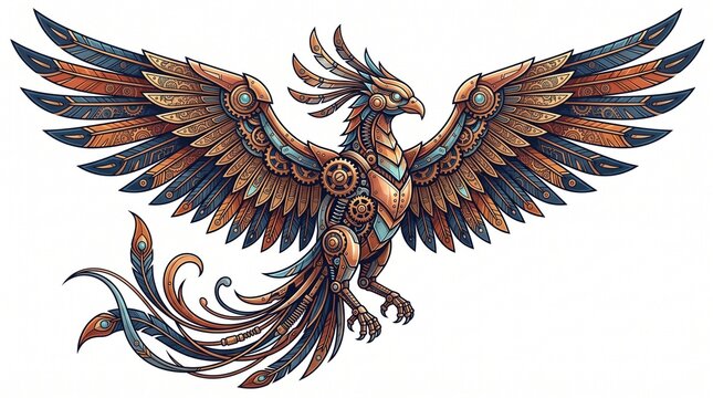 Detailed Phoenix Bird Illustration with Spreading Wings and Tribal Feathers