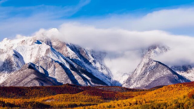 Snow-covered mountain peaks rise above drifting low clouds while golden autumn vegetation fills the foreground, creating a wide layered landscape beneath clear blue sky