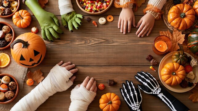 Overhead flat lay of multiple costumed hands reaching over a wooden table