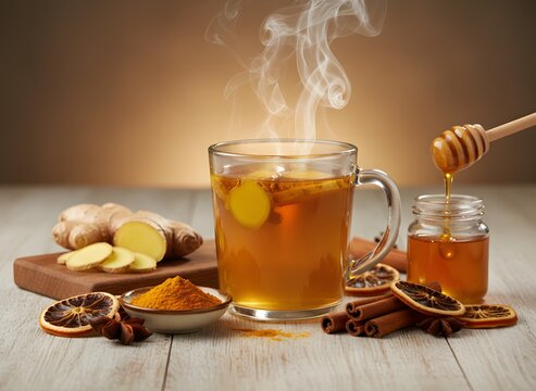 Warm Steaming Herbal Ginger Tea Infusion with Honey and Spices for Immune Support and Wellness