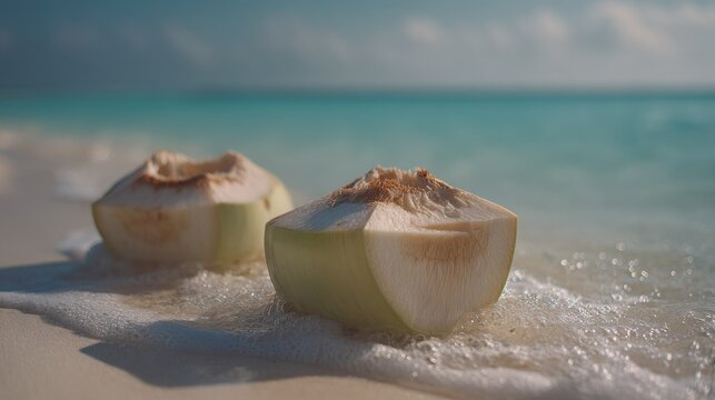 Two fresh coconut halves resting on a sandy beach with gentle ocean waves lapping at their fibrous husks