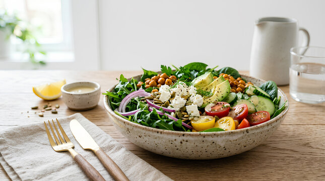 Fresh healthy vegetarian salad bowl with avocado and chickpeas