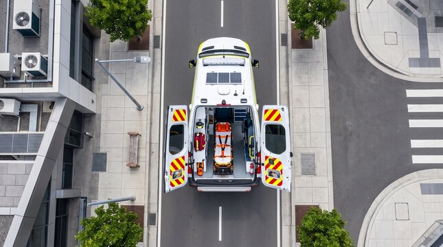 Aerial View Of Emergency Ambulance And Medical Equipment