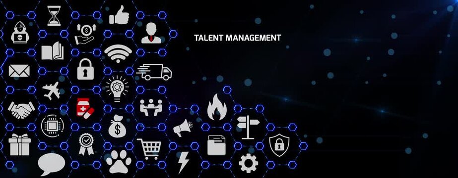 Talent Management Strategy for Employee Development, Leadership Growth and Workforce Planning with Connected Corporate Icons on a Dark Digital Visual Background