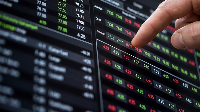 Stock Market Trading Screen with Investor Finger Pointing at Financial Data