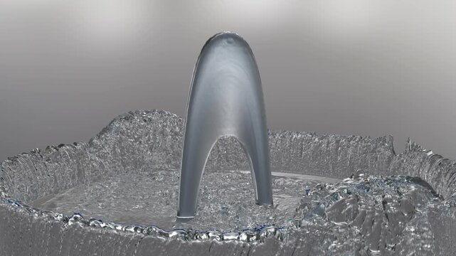 Metallic ring-shaped object melting and dripping into a liquid pool, forming a standing arch before dissolving into turbulent water.