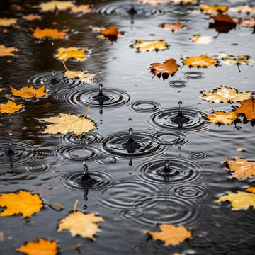 雨粒が落ちる水面に浮かぶ秋の葉