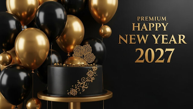 Black and gold New Year 2027 cake with balloons on a stand against a dark background for celebration