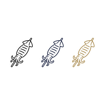 Grilled squid skewer icon set in line art style for seafood menu design.