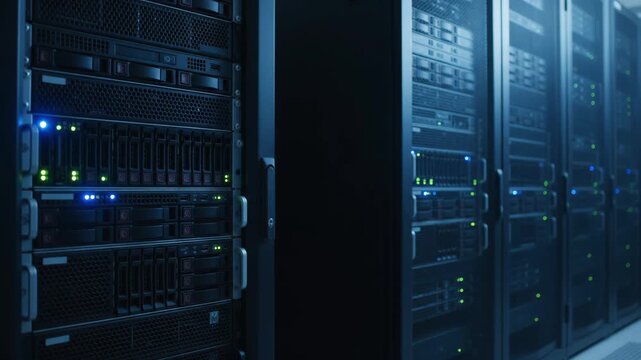 Data center server racks with flickering blue status LED indicator lights and digital audio waveform signal monitor on server panel